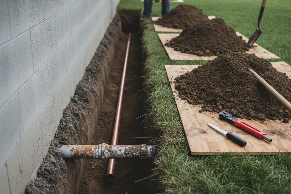 Excavated water line trench during Water Heater Repair in Osteen